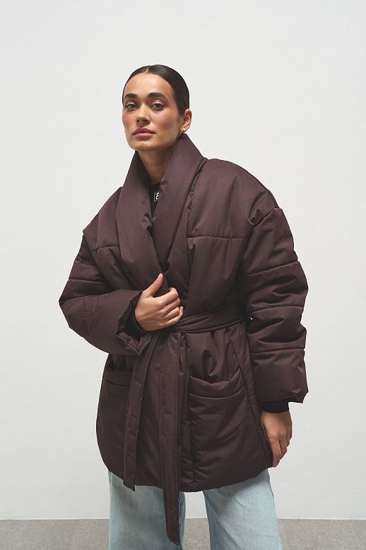 Kurtka puchowa przedłużona z paskiem bordowa - №2