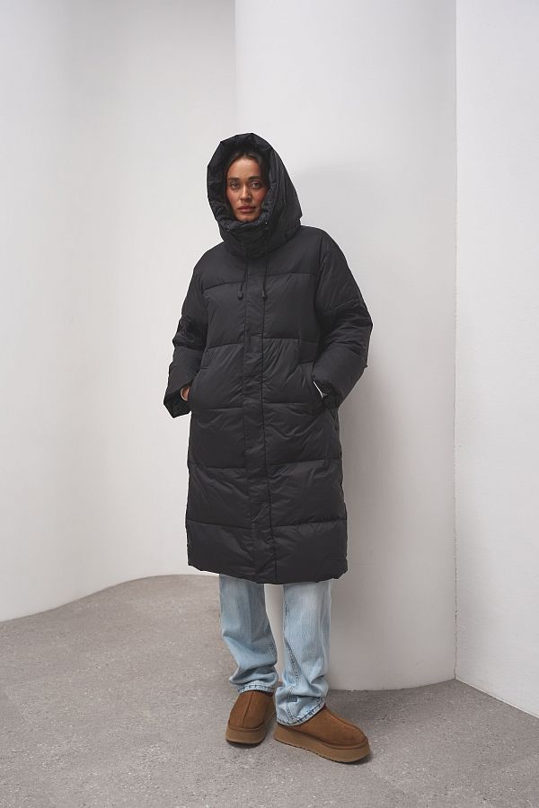 Długa kurtka puchowa z kapturem czarna 240906/1 № 4
