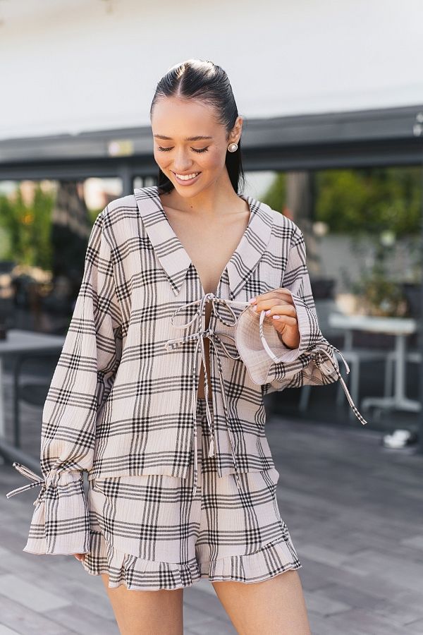 Muślinowy garnitur w kratę beżowy z białym muslin02/08 #RU#  muslin02/08 № 1