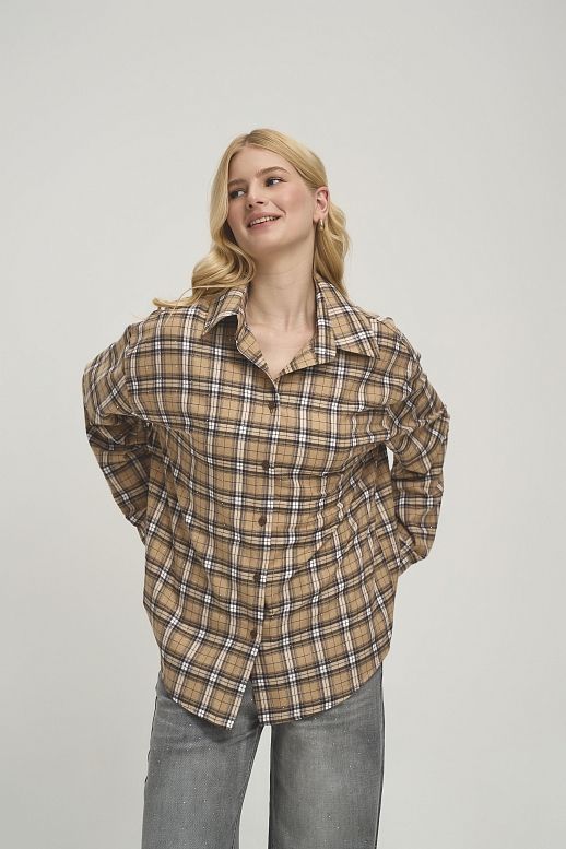 Koszula oversize w kratę beżowa z brązowym