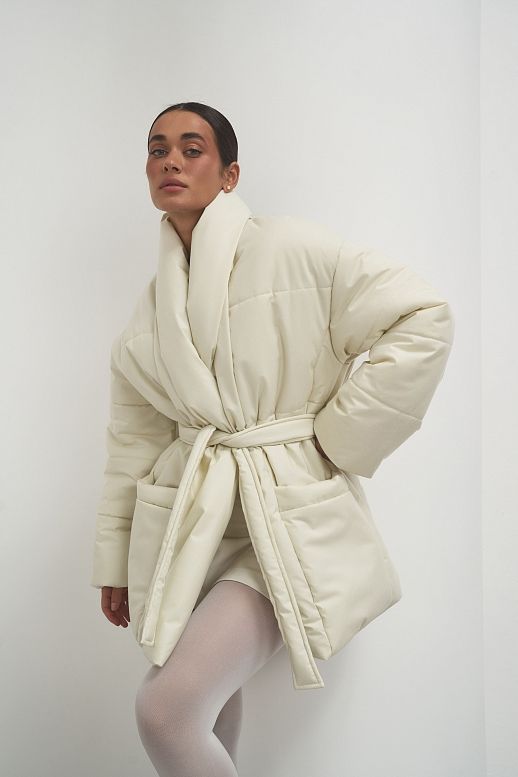 Kurtka puchowa przedłużona z paskiem śmietankowa - №2