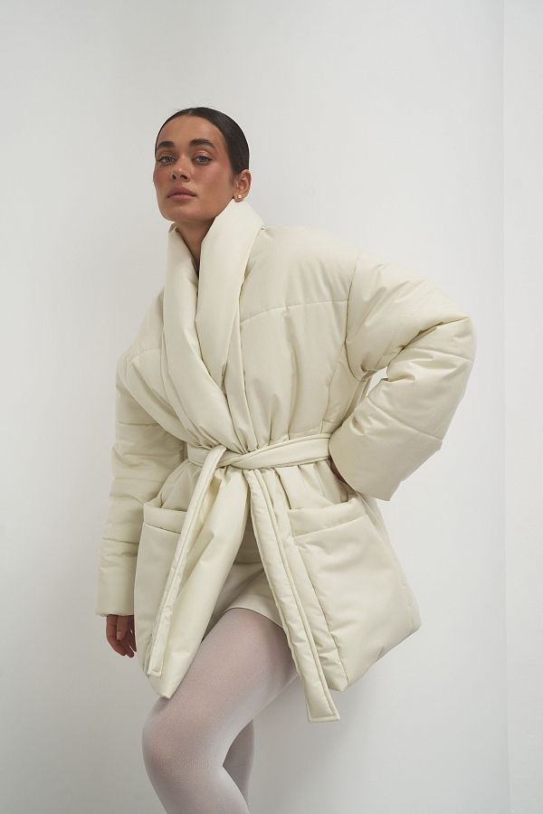 Kurtka puchowa przedłużona z paskiem śmietankowa pask10/12 № 2