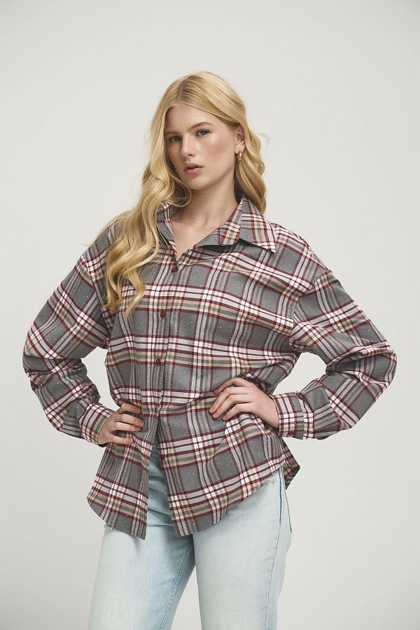 Koszula oversize w kratę z krzyształkami szara z czerwonym koszula21/05 #RU#  koszula21/05 № 3