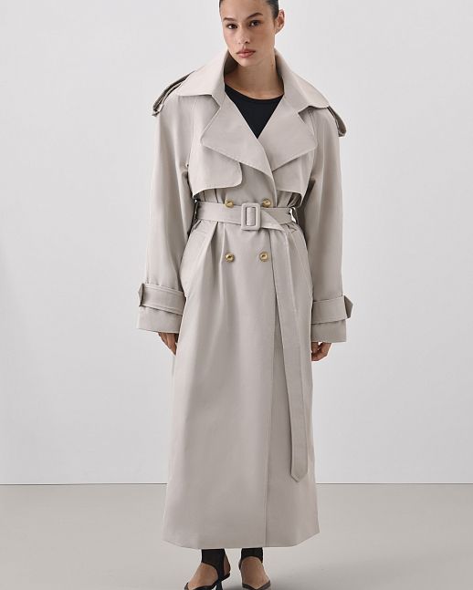 Trench maxi z bawełny jasnoszary