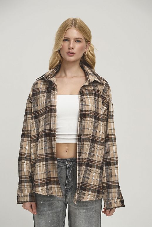 Koszula oversize w kratę beżowa z brązowym