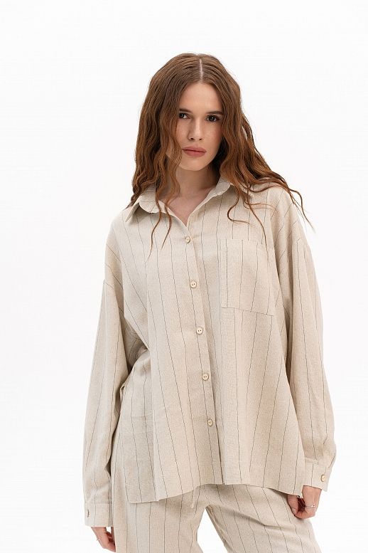 Lniana koszula z długim rękawem beżowa