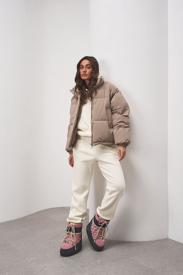 Krótka kurtka puchowa z kapturem cappuccino  240909/5 № 4