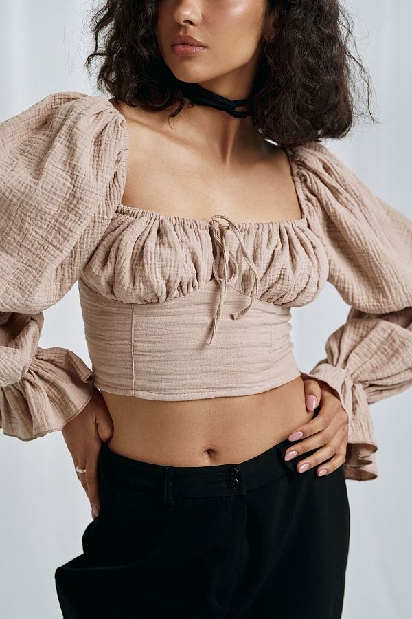 Top muślinowy beżowy D0223/2 #RU# Muślinowy top w kolorze beżowym D0223/2 № 1