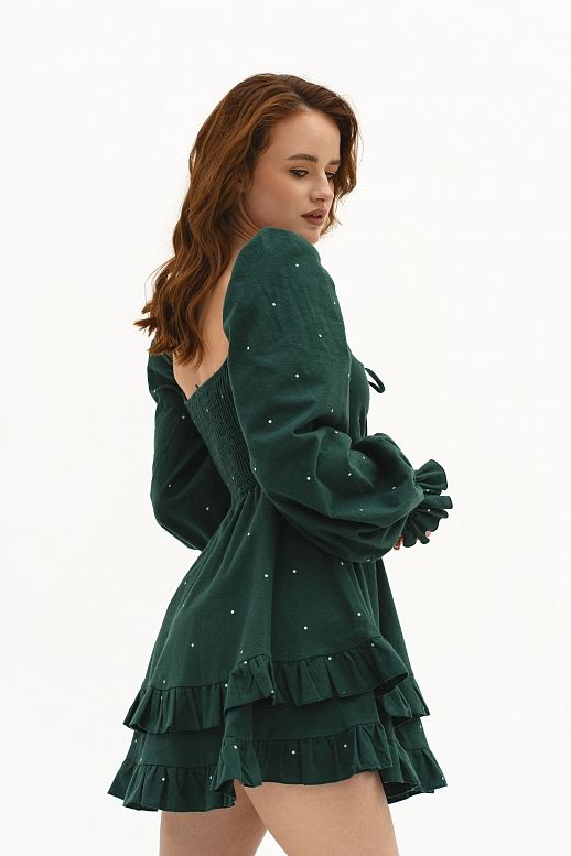 Sukienka z ciepłej bawełny ciemnozielona w groszki