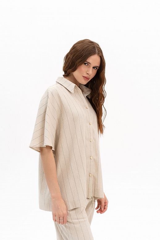 Lniana koszula z krótkim rękawem beżowa - №2