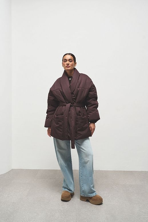 Kurtka puchowa przedłużona z paskiem bordowa