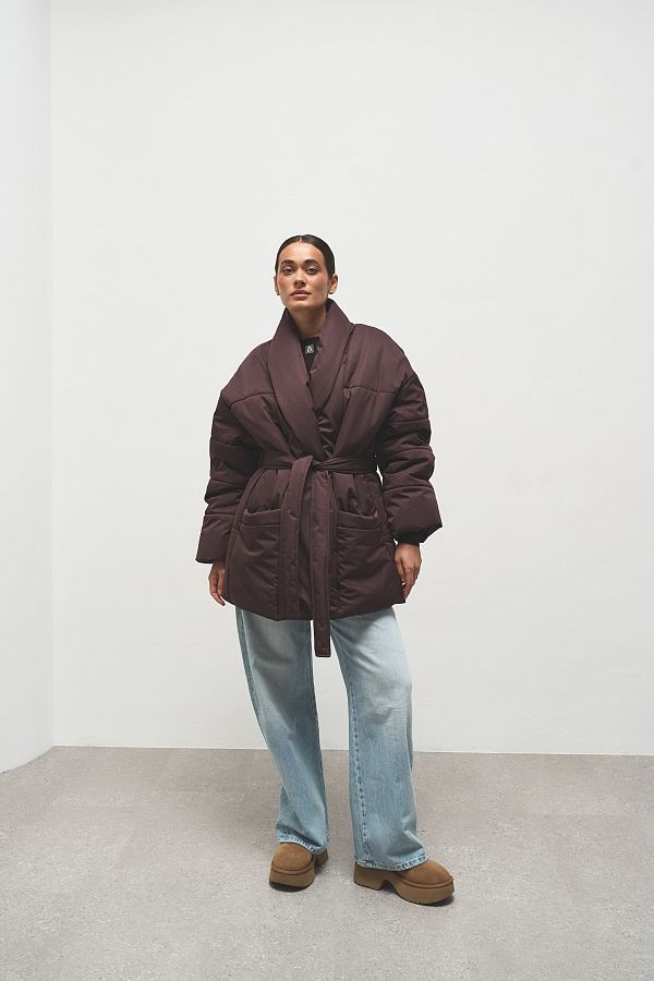Kurtka puchowa przedłużona z paskiem bordowa kurtkapuch17/12 № 1