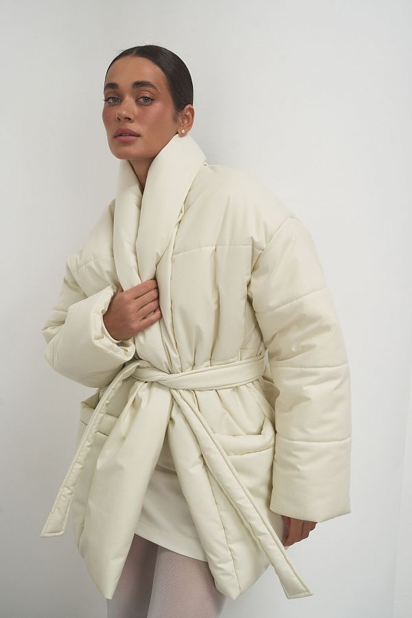 Kurtka puchowa przedłużona z paskiem śmietankowa pask10/12 № 1