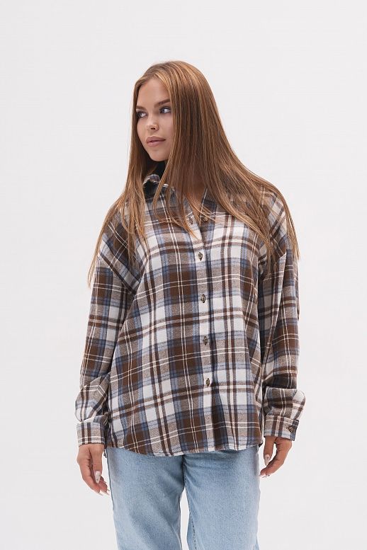 Koszula oversize w kratę mleczno brązowa - №2