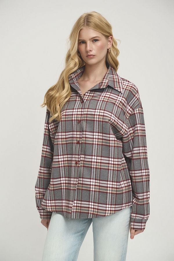 Koszula oversize w kratę z krzyształkami szara z czerwonym koszula21/05 #RU#  koszula21/05 № 2