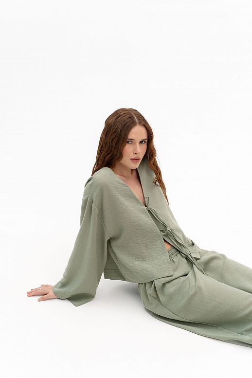 Lniany garnitur z koszulą oversize oliwkowy - №2